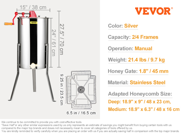 VEVOR honey extractor, 2/4 frames, stainless steel, manual, 21.4 lbs, silver, 1.8-inch honey gate.