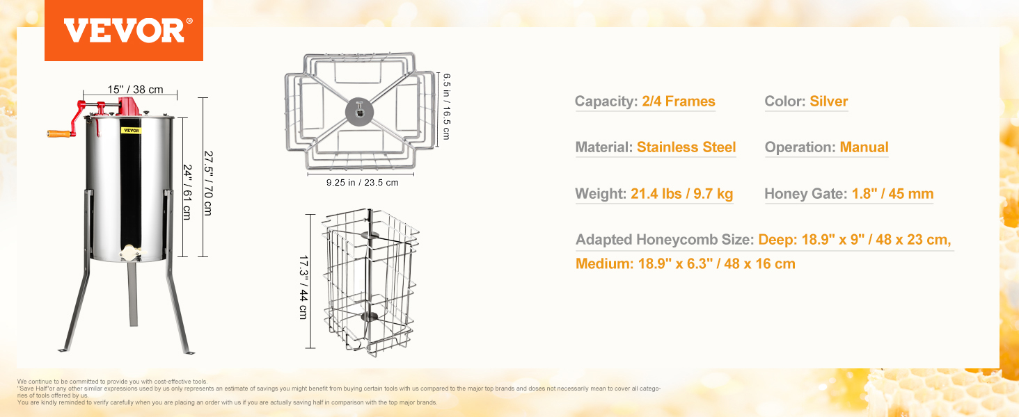 VEVOR honey extractor, 2/4 frames, stainless steel, manual, 21.4 lbs, silver, 1.8-inch honey gate.