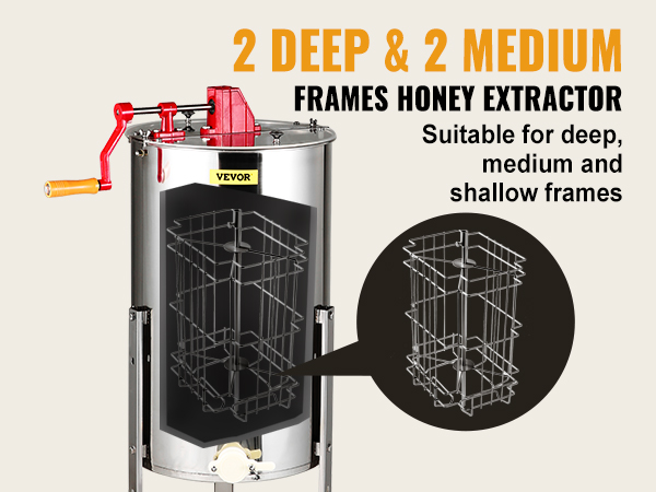 VEVOR medaus extractor, 2 gilių & 2 vidutinio rėmai, tinka giliai, vidutinės trukmės ir seklių kadrų.