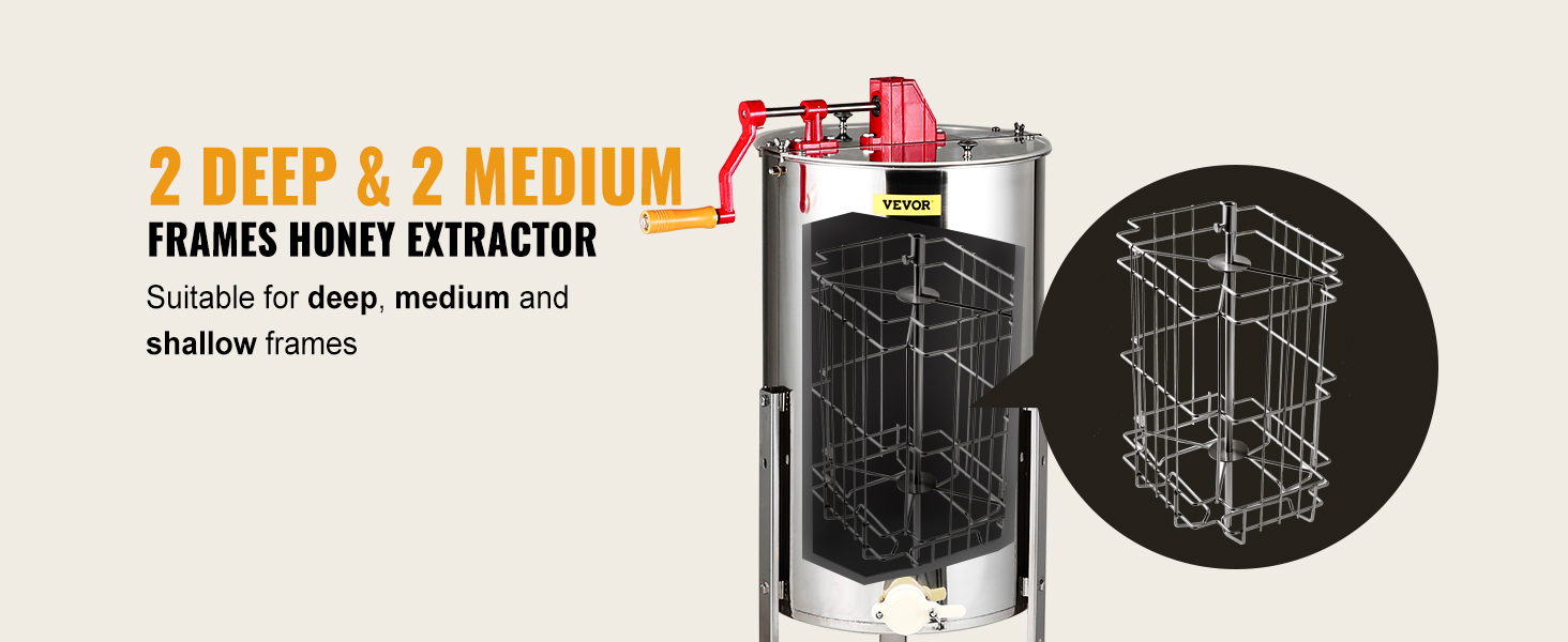 VEVOR medaus extractor, 2 gilių & 2 vidutinio rėmai, tinka giliai, vidutinės trukmės ir seklių kadrų.