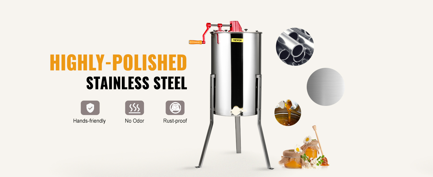 VEVOR medaus extractor: aukštos poliruoto nerūdijančio plieno, rankas-draugiškas, jokio kvapo, rūdžių įrodymas.