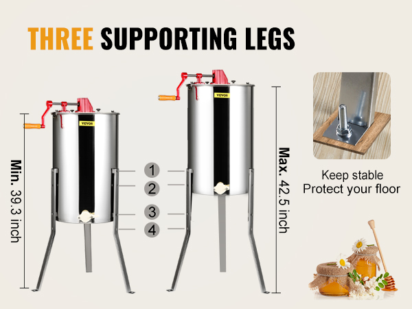 VEVOR medaus extractor su reguliuojamo aukščio, trijų kojų, dėl stabilumo, ir grindų apsaugos pagalvėlės.