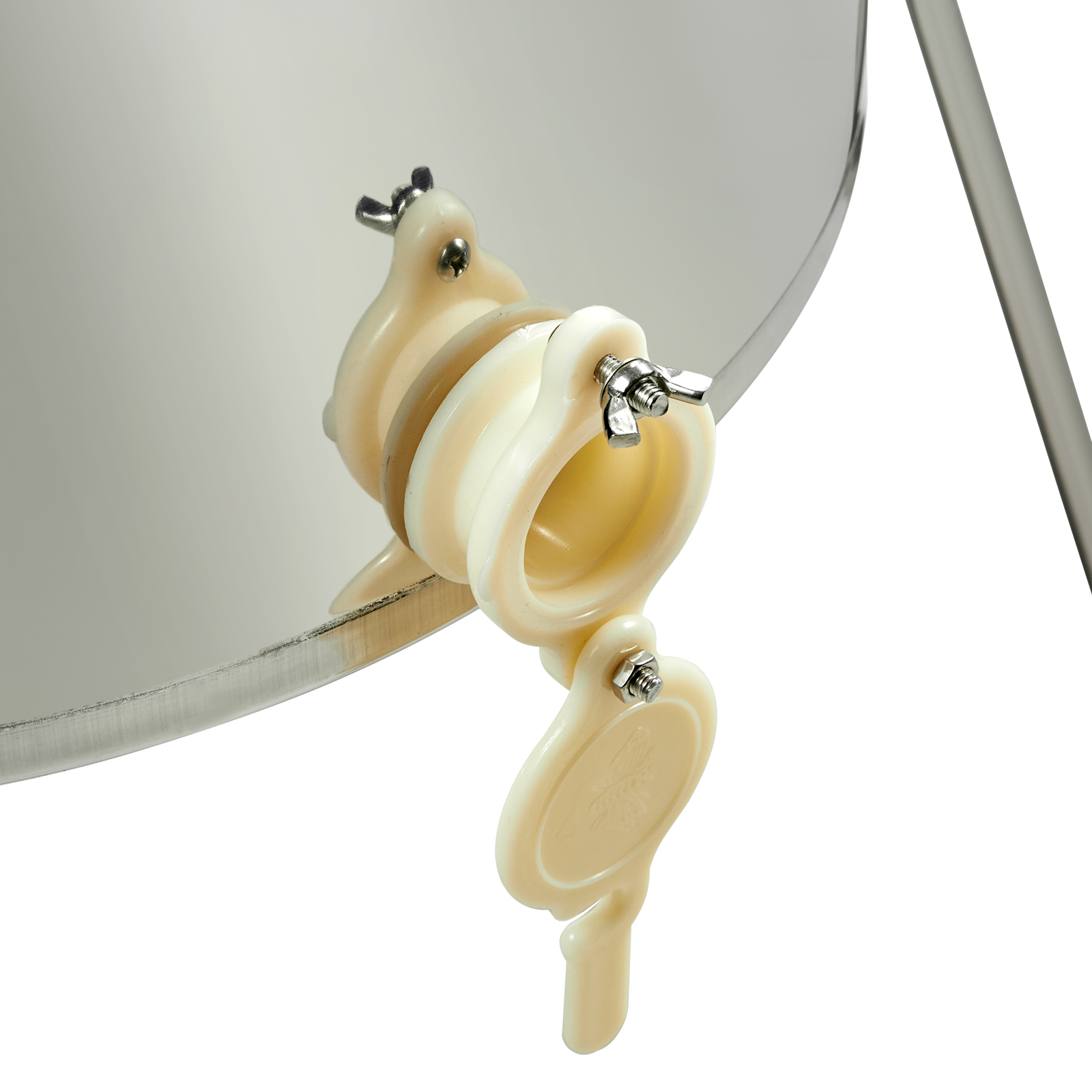 close-up of the spout and valve of a VEVOR honey extractor with durable plastic components.