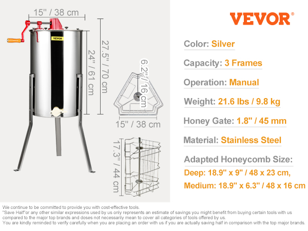 VEVOR honey extractor with 3 frames, stainless steel body, manual operation, and 1.8" honey gate.