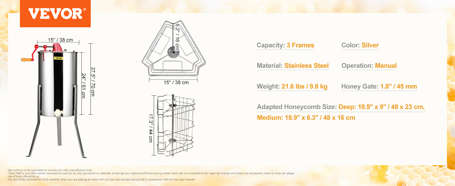 VEVOR honey extractor with 3 frames, stainless steel body, manual operation, and 1.8" honey gate.