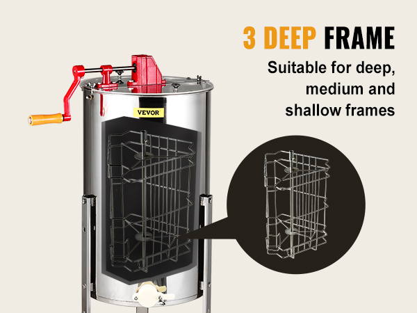Экстрактор меда VEVOR для 3 глубоких рамок, подходит для глубоких, средних и неглубоких рамок.
