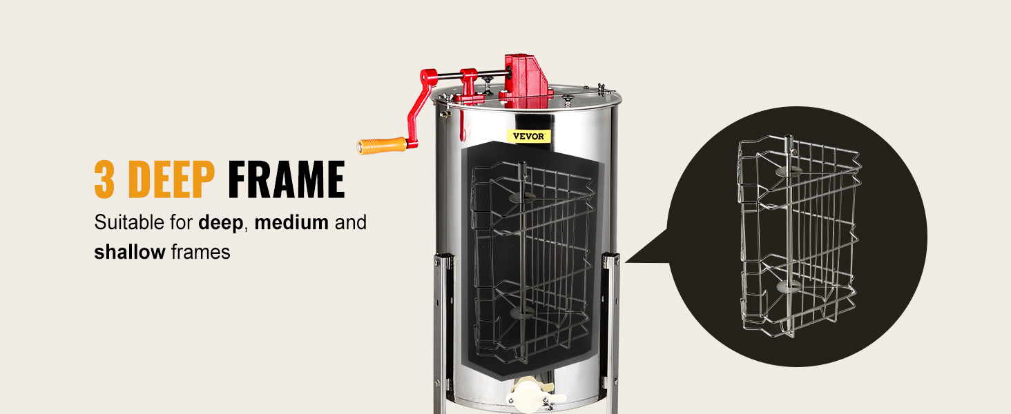 Экстрактор меда VEVOR для 3 глубоких рамок, подходит для глубоких, средних и неглубоких рамок.