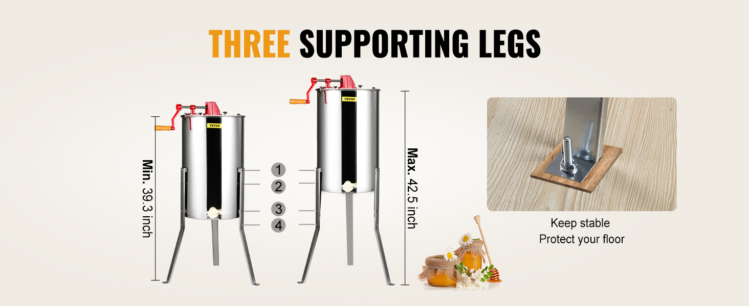 Экстрактор для меда VEVOR с регулируемыми по высоте ножками для устойчивости в диапазоне от 39,3 до 42,5 дюймов.