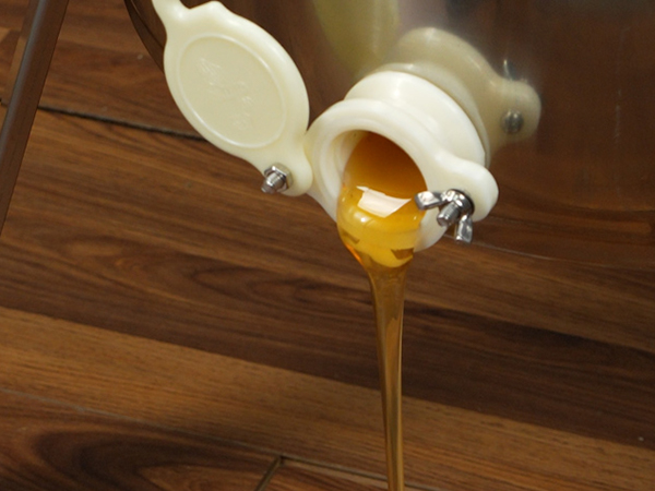 мед вытекает из медогонки VEVOR из нержавеющей стали на деревянную поверхность.