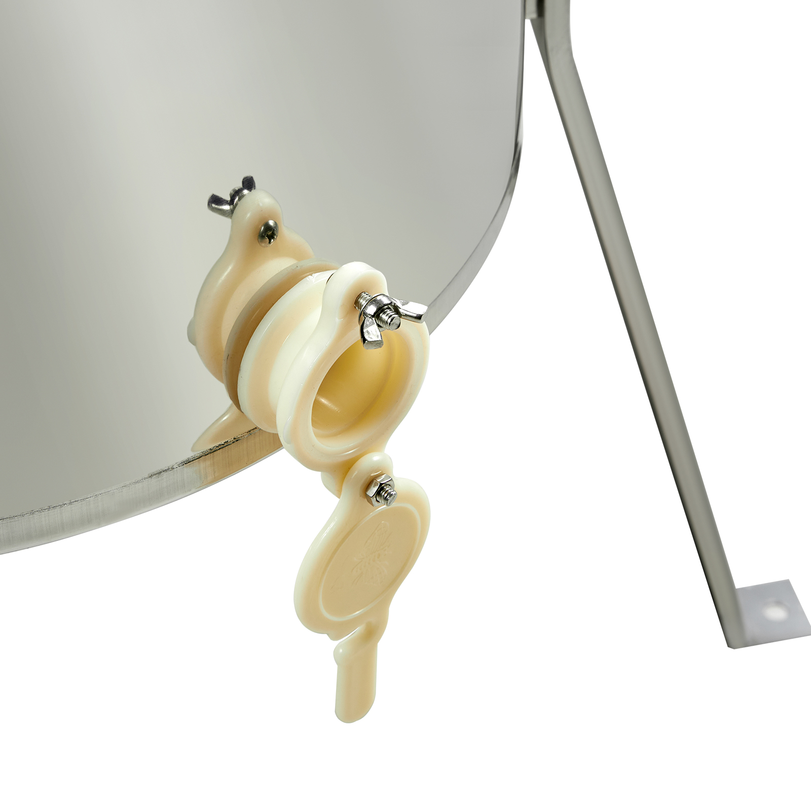 VEVOR honey extractor spout with clamp attached to stainless steel barrel.