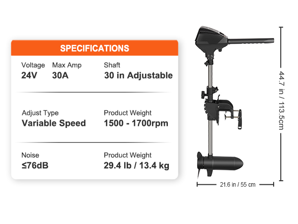 VEVOR electric trolling motor specifications: 24v, 30a, adjustable 30 in shaft, 76db, 29.4 lb weight.