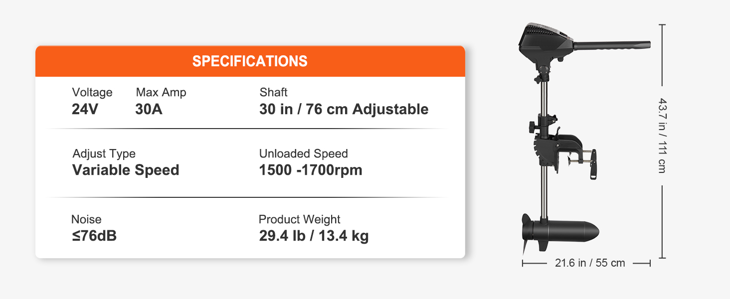 VEVOR electric trolling motor specifications: 24v, 30a, adjustable 30 in shaft, 76db, 29.4 lb weight.