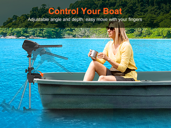 VEVOR electric trolling motor in use on a boat in a serene blue lake with lush green forest backdrop.
