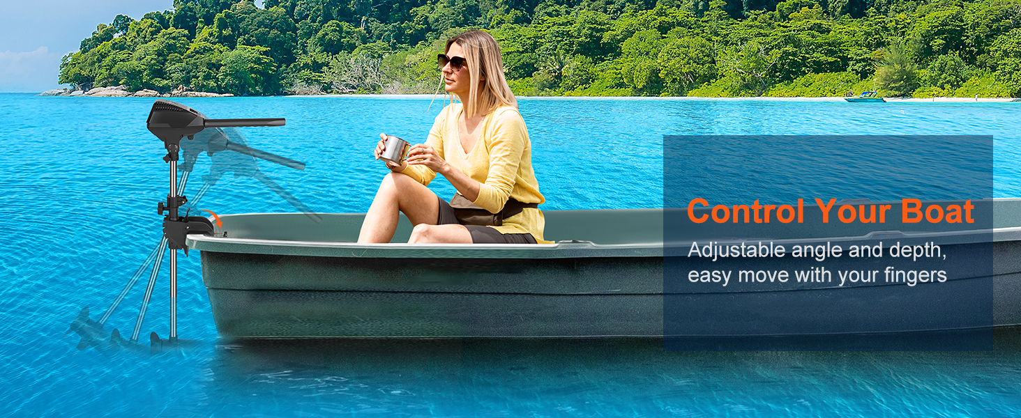 VEVOR electric trolling motor in use on a boat in a serene blue lake with lush green forest backdrop.