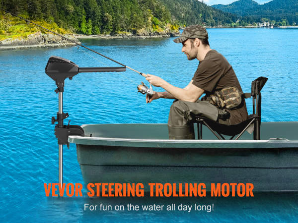 angler fishing from a boat equipped with the VEVOR electric trolling motor on a serene lake.
