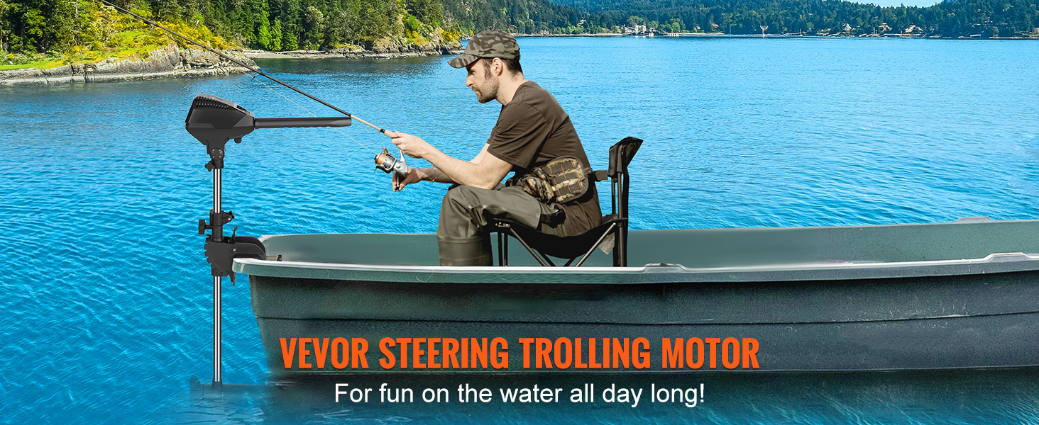 angler fishing from a boat equipped with the VEVOR electric trolling motor on a serene lake.