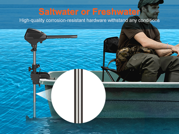 fisherman using VEVOR electric trolling motor on a boat in blue ocean, promoting durability for varying waters.