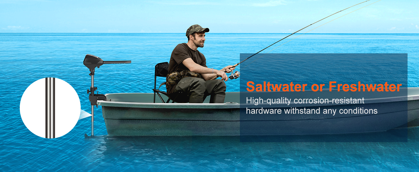 fisherman using VEVOR electric trolling motor on a boat in blue ocean, promoting durability for varying waters.