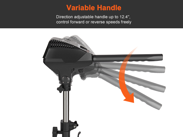 variable handle of the VEVOR electric trolling motor showing directional adjustability up to 12.4 inches.