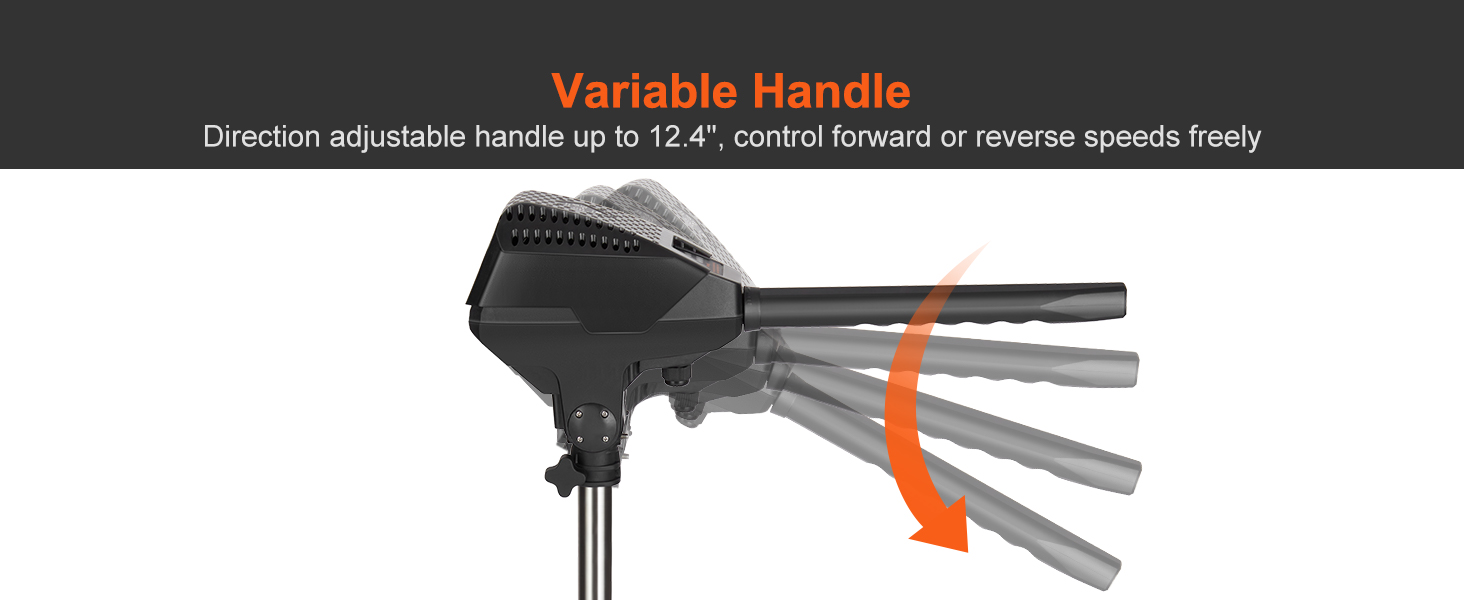 variable handle of the VEVOR electric trolling motor showing directional adjustability up to 12.4 inches.