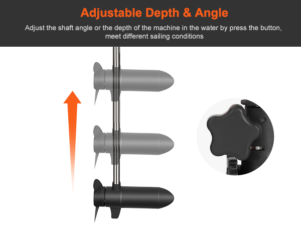 VEVOR electric trolling motor with adjustable depth and angle, showcasing shaft and knob mechanism.