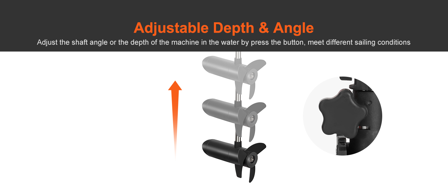 VEVOR electric trolling motor with adjustable depth and angle, showcasing shaft and knob mechanism.