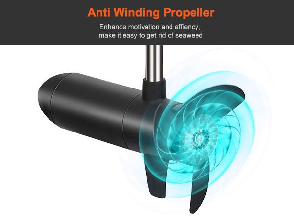 three-bladed propeller of the VEVOR electric trolling motor, designed to remove seaweed efficiently.