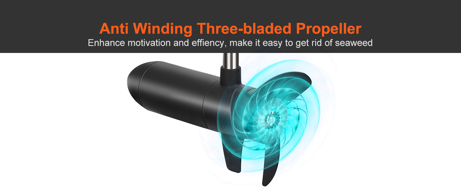 three-bladed propeller of the VEVOR electric trolling motor, designed to remove seaweed efficiently.