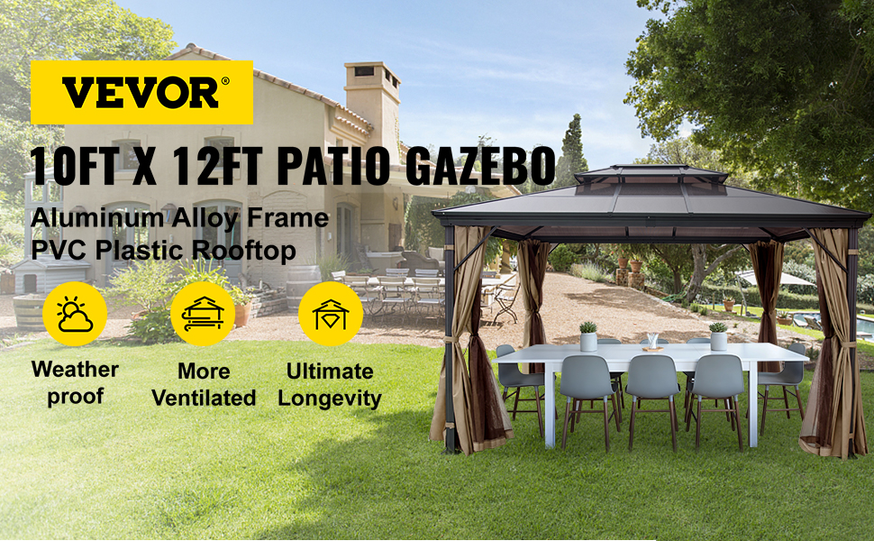 VEVOR hardtop lapene 10ft x 12ft ar alumīnija sakausējuma rāmi un pvc jumtu pie mājas.