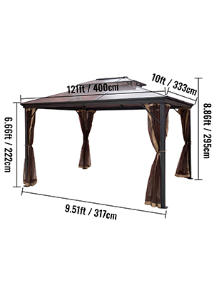 VEVOR lapene ar cieto jumtu un aizkariem, izmēri: 12x10 ft, augstums 8,86 ft.