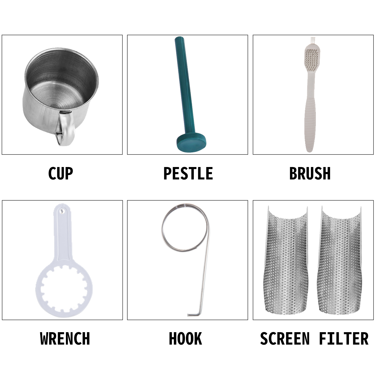 VEVOR wheatgrass juicer accessories: cup, pestle, brush, wrench, hook, screen filter.