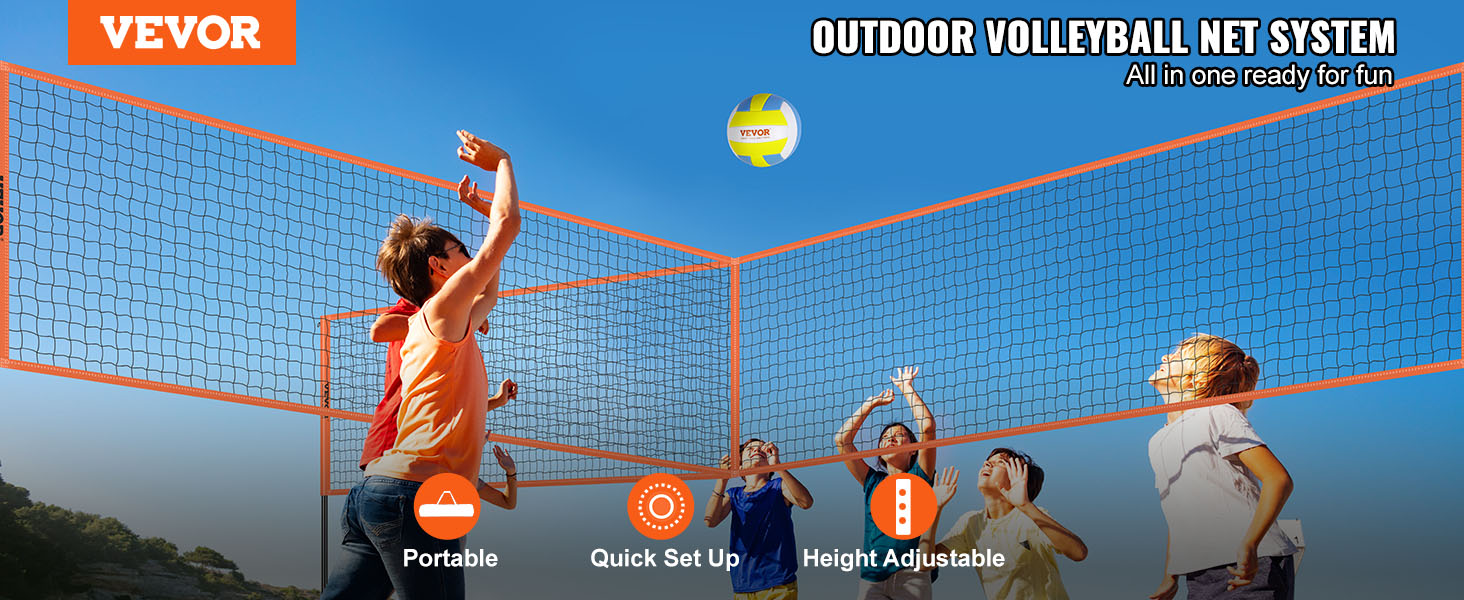 VEVOR 4-way volleyball net with quick setup, height adjustable, and portable for outdoor fun.