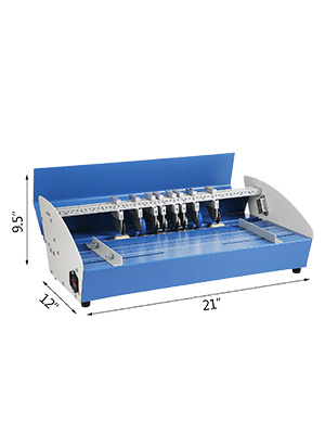 VEVOR electric creasing machine with dimensions labeled: 9.5"x12"x21".