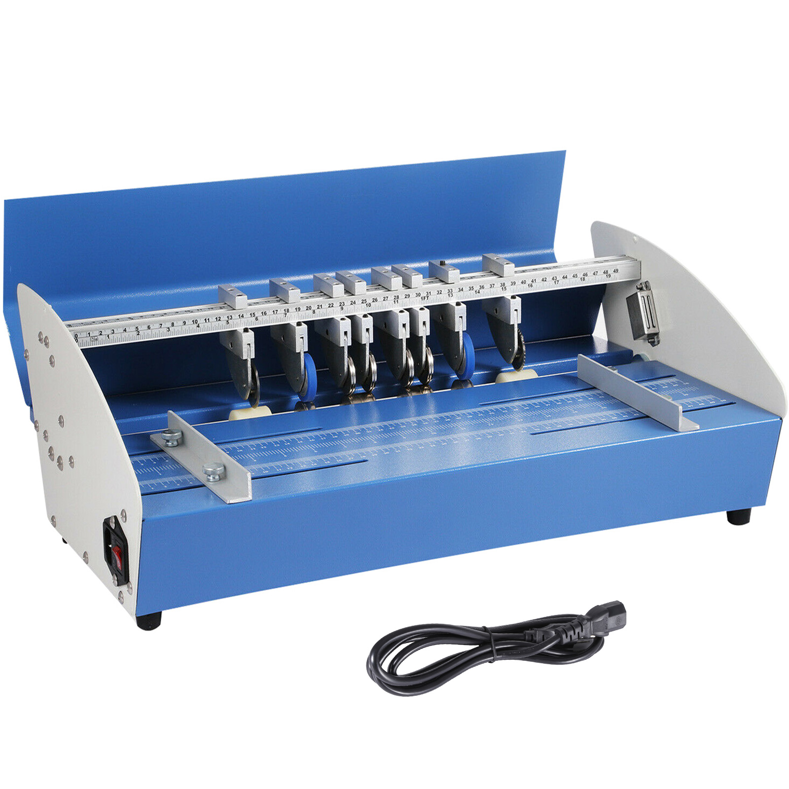 blue and silver VEVOR electric creasing machine with adjustable guides and power cord.