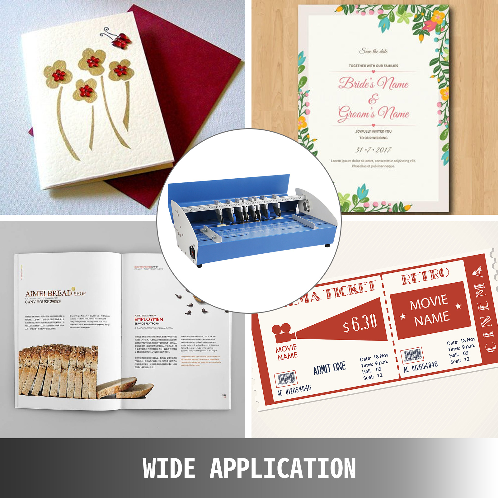VEVOR electric creasing machine with invitation, card, book, and ticket examples. wide application.