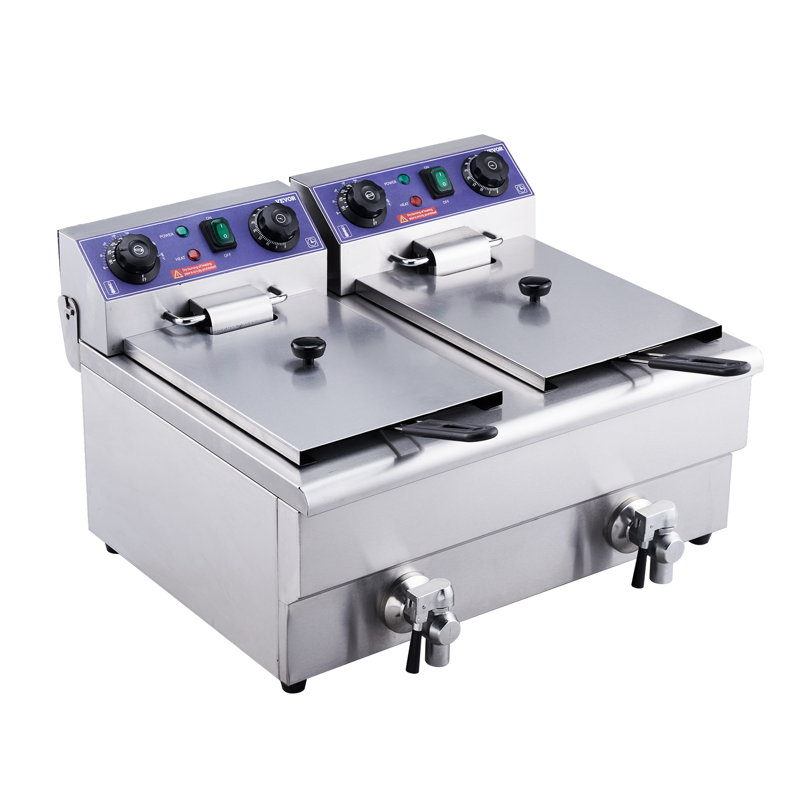 dual-tank VEVOR electric deep fryer in stainless steel with temperature controls and lid.