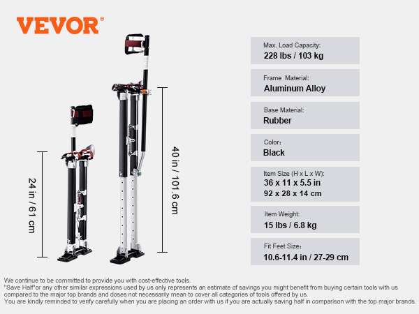 VEVOR drywall stilts in aluminum alloy, black color, adjustable heights of 24 and 40 inches, 228 lbs load.