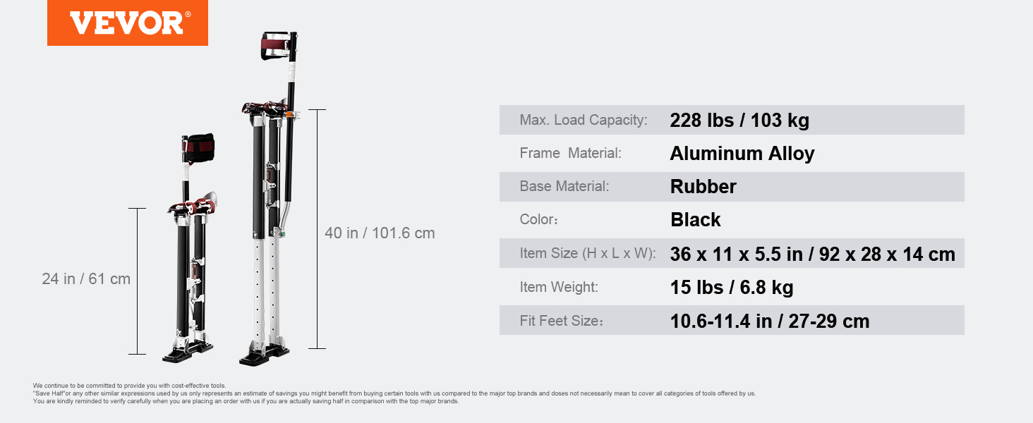 VEVOR drywall stilts in aluminum alloy, black color, adjustable heights of 24 and 40 inches, 228 lbs load.
