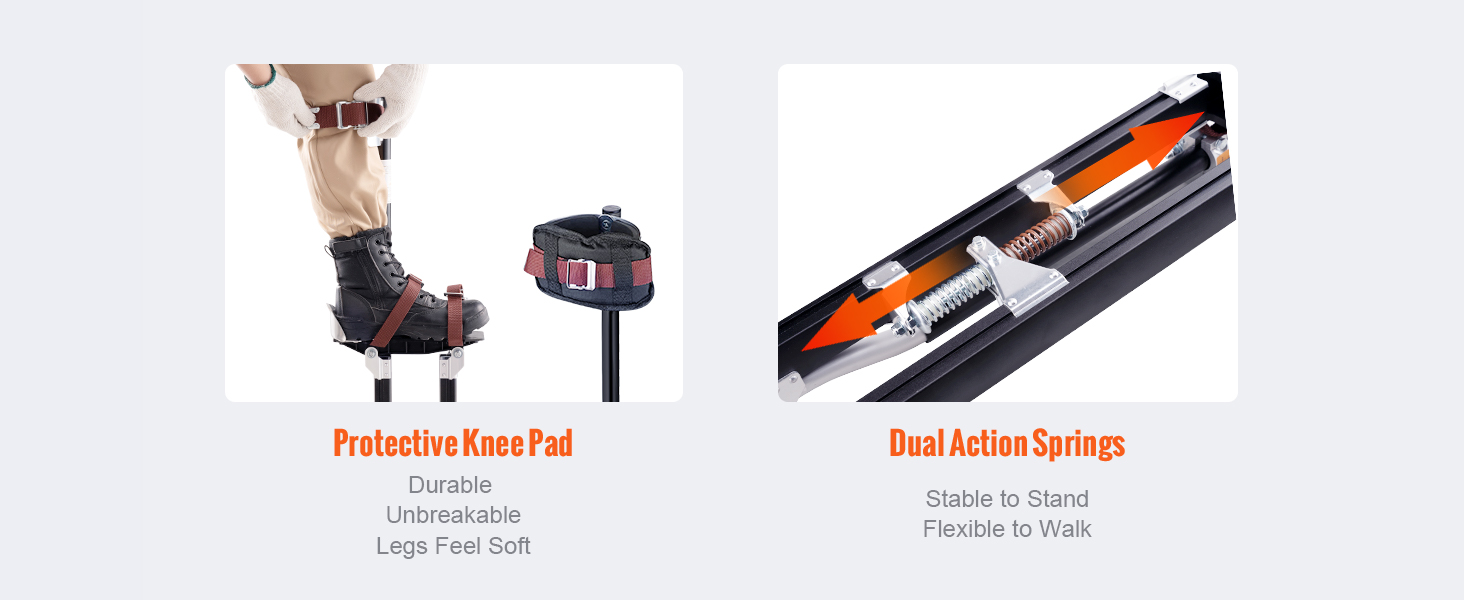 защитный наколенник и пружины двойного действия из гипсокартонных ходулей VEVOR подчеркивают долговечность и гибкость.