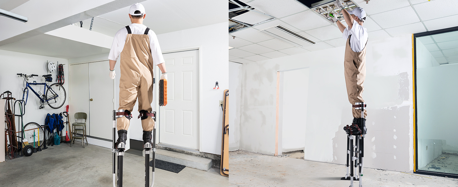 рабочий на гипсокартонных сваях VEVOR красит стены в гараже и устанавливает потолок в строящемся помещении.