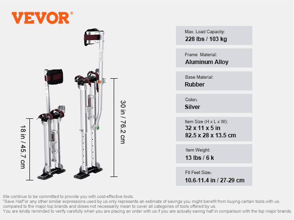 VEVOR drywall stilts, aluminum alloy frame, rubber base, 228 lbs capacity, adjustable height 18-30 in.