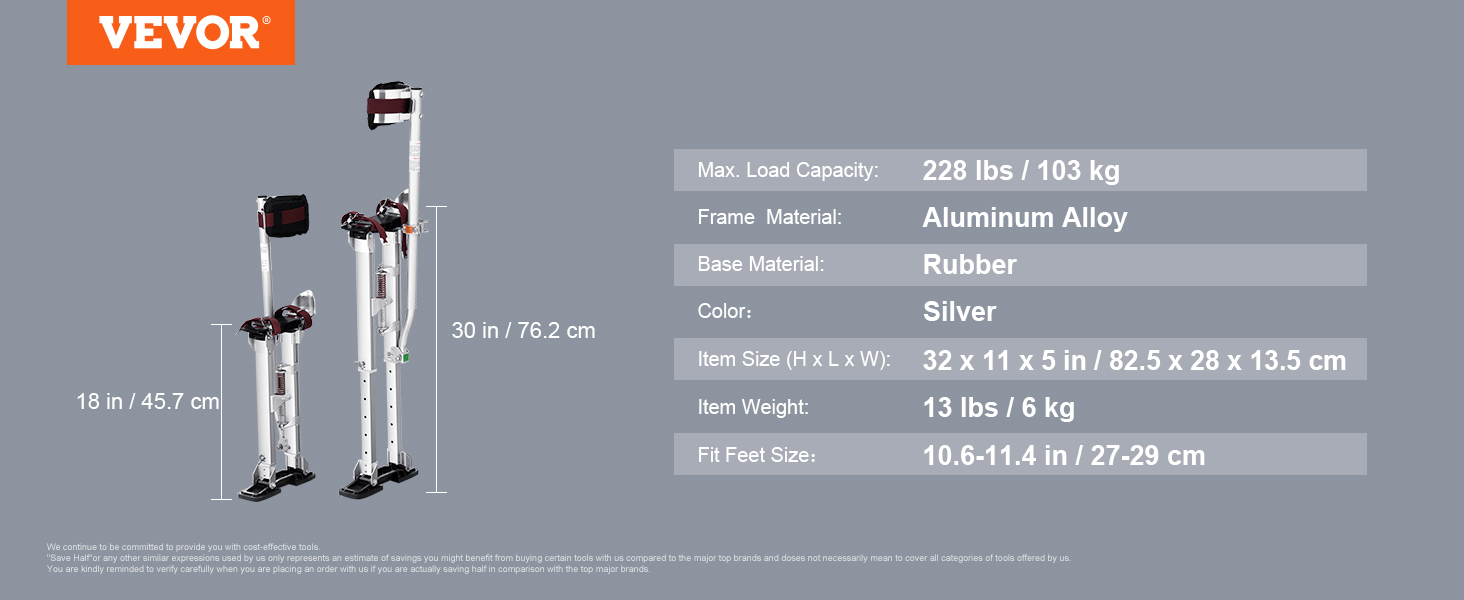 VEVOR drywall stilts, aluminum alloy frame, rubber base, 228 lbs capacity, adjustable height 18-30 in.