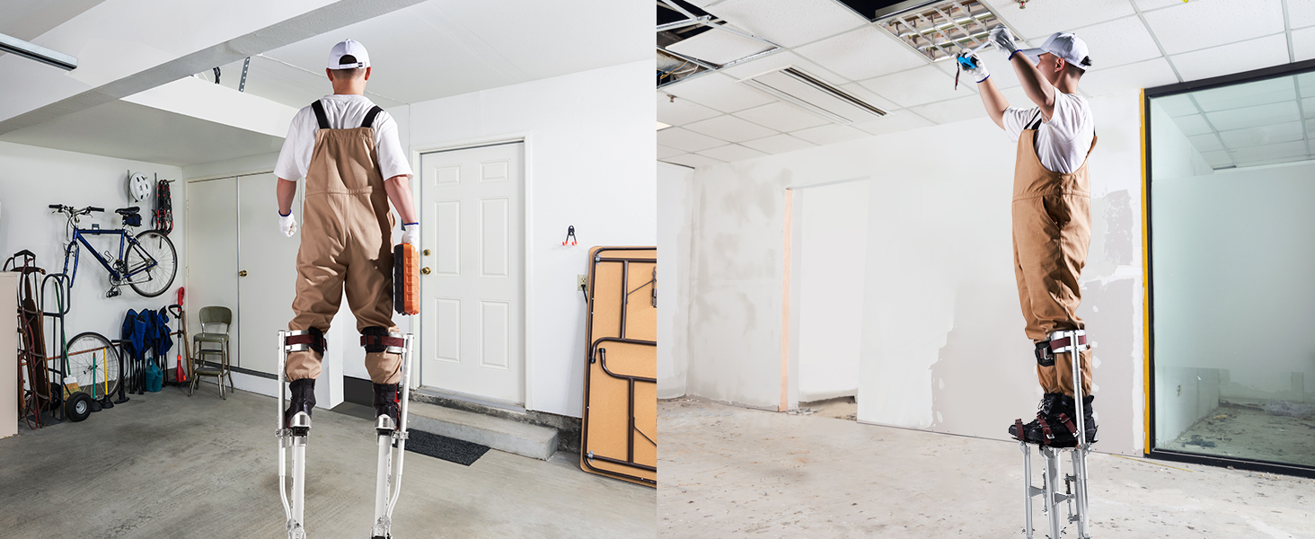 darbuotojas, naudojant VEVOR gipso polių dėl lubų išlaikymo garažas ir biuro erdvę.