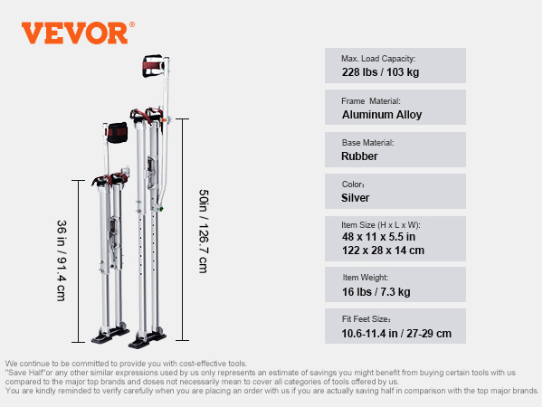 VEVOR drywall stilts, adjustable height 36-50 in, aluminum alloy, rubber base, max load 228lbs, silver.