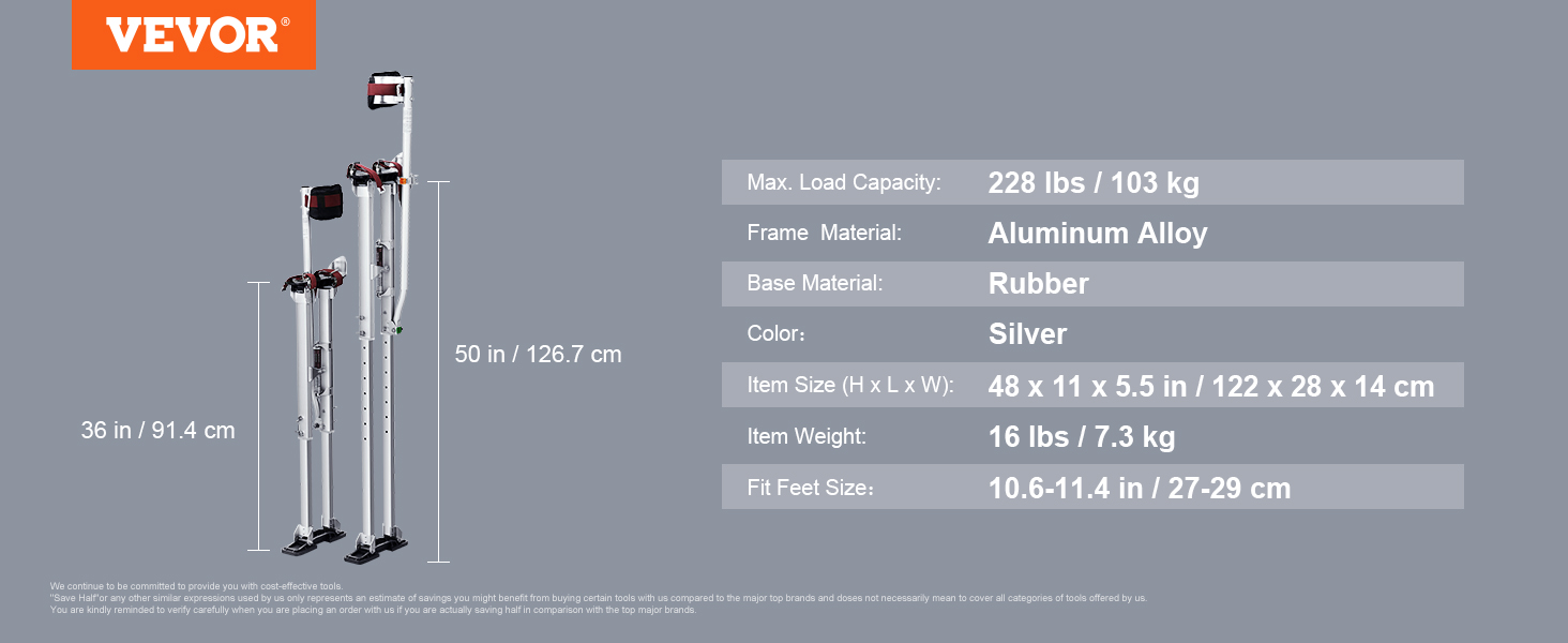 VEVOR drywall stilts, adjustable height 36-50 in, aluminum alloy, rubber base, max load 228lbs, silver.