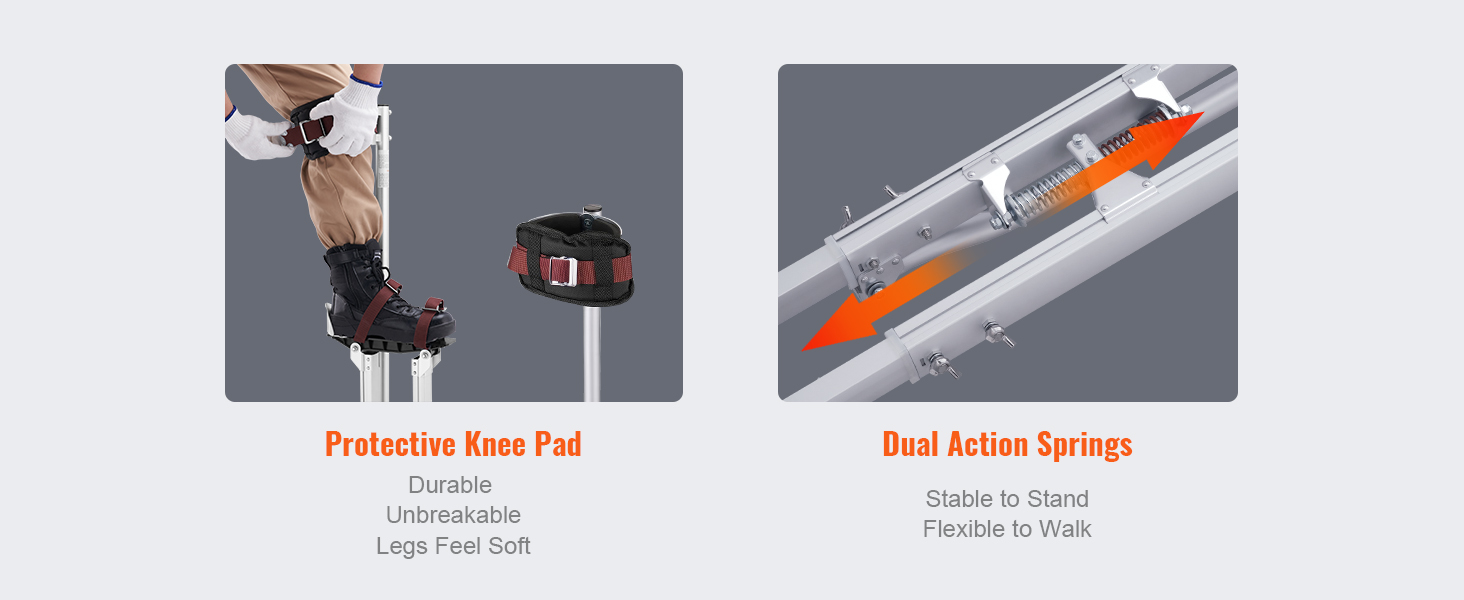 Ходули из гипсокартона VEVOR оснащены защитными наколенниками и пружинами двойного действия для прочности и гибкости.