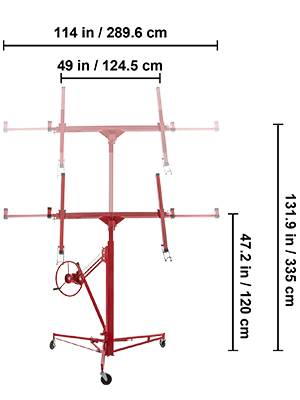 VEVOR drywall pacēlājs ar sarkanu rāmi, regulējamu augstumu un marķētiem izmēriem, riteņiem un kloķi.