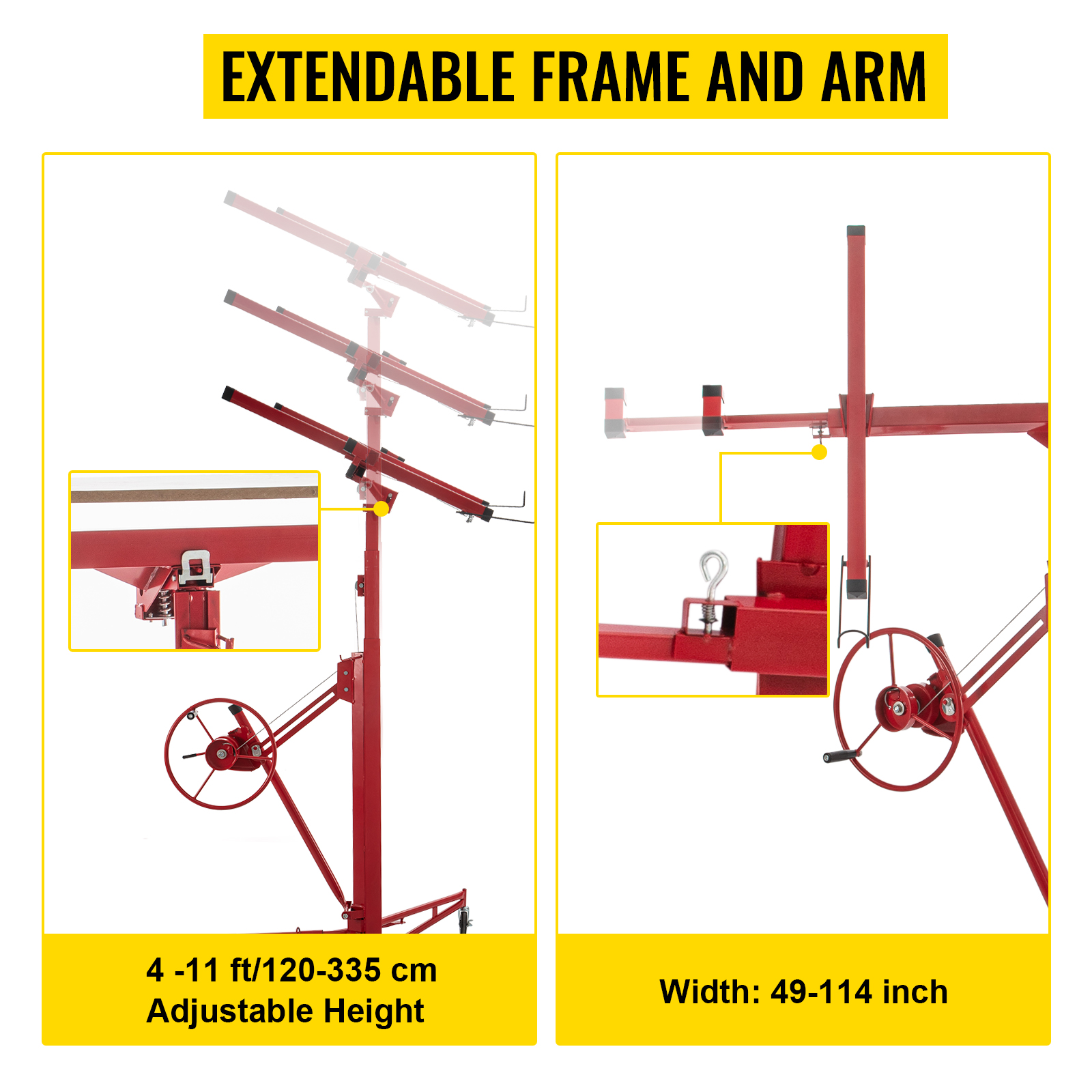 VEVOR drywall lifts ar regulējamu augstumu 4-11 pēdas un pagarināmu platumu 49-114 collas.