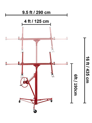 sarkans VEVOR drywall lifts ar regulējamu augstumu: 16 pēdu, 6 pēdu, 9,5 pēdu plats, 4 pēdu atbalsta rokas.