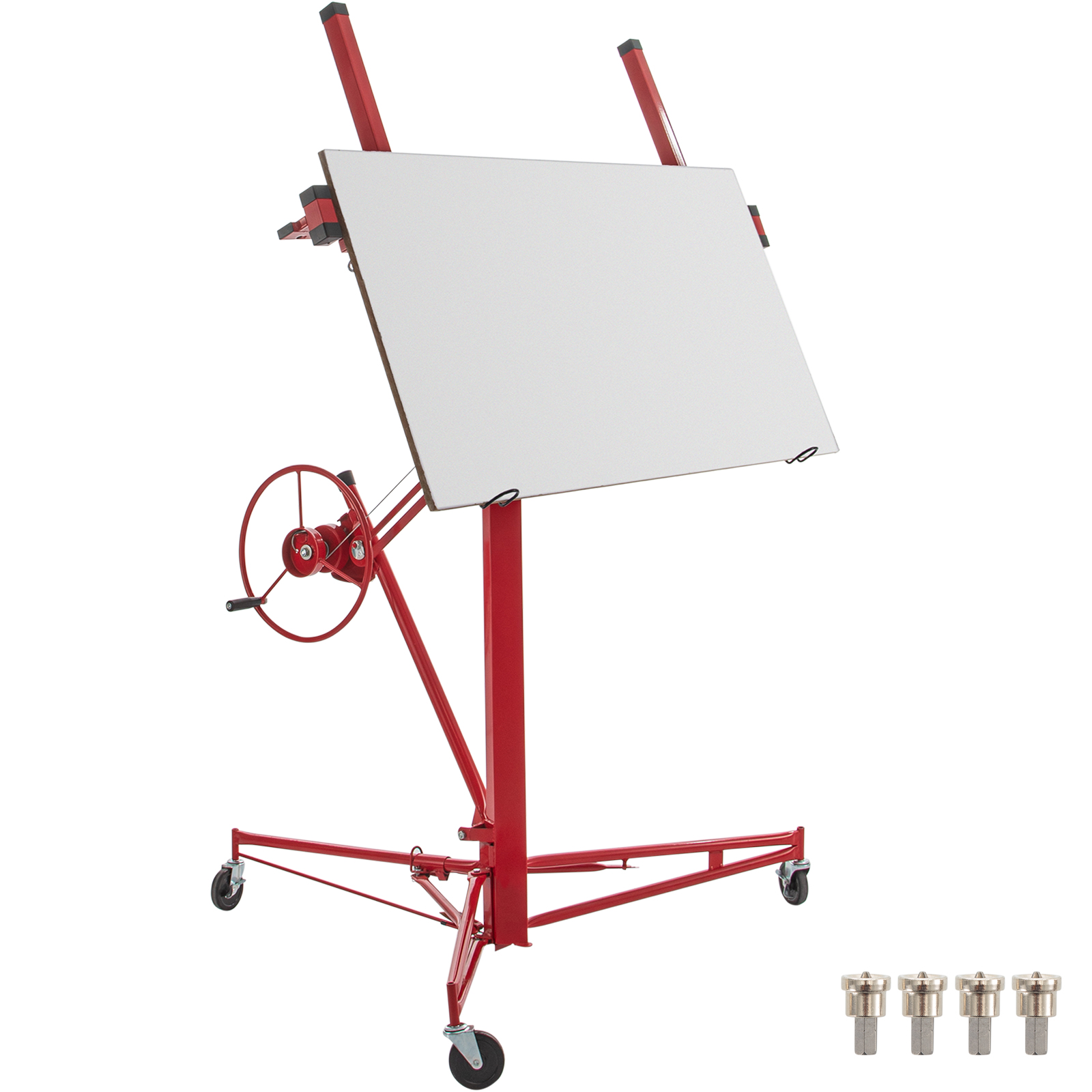 sarkans VEVOR drywall lifts ar uzstādītu drywall paneli un četrām skrūvēm uz balta fona.
